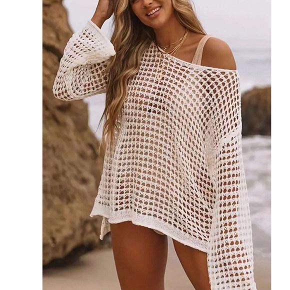 Crochet Loose Fit Sheer Long sleeve Beach Cover up Top - Picture 2 of 12